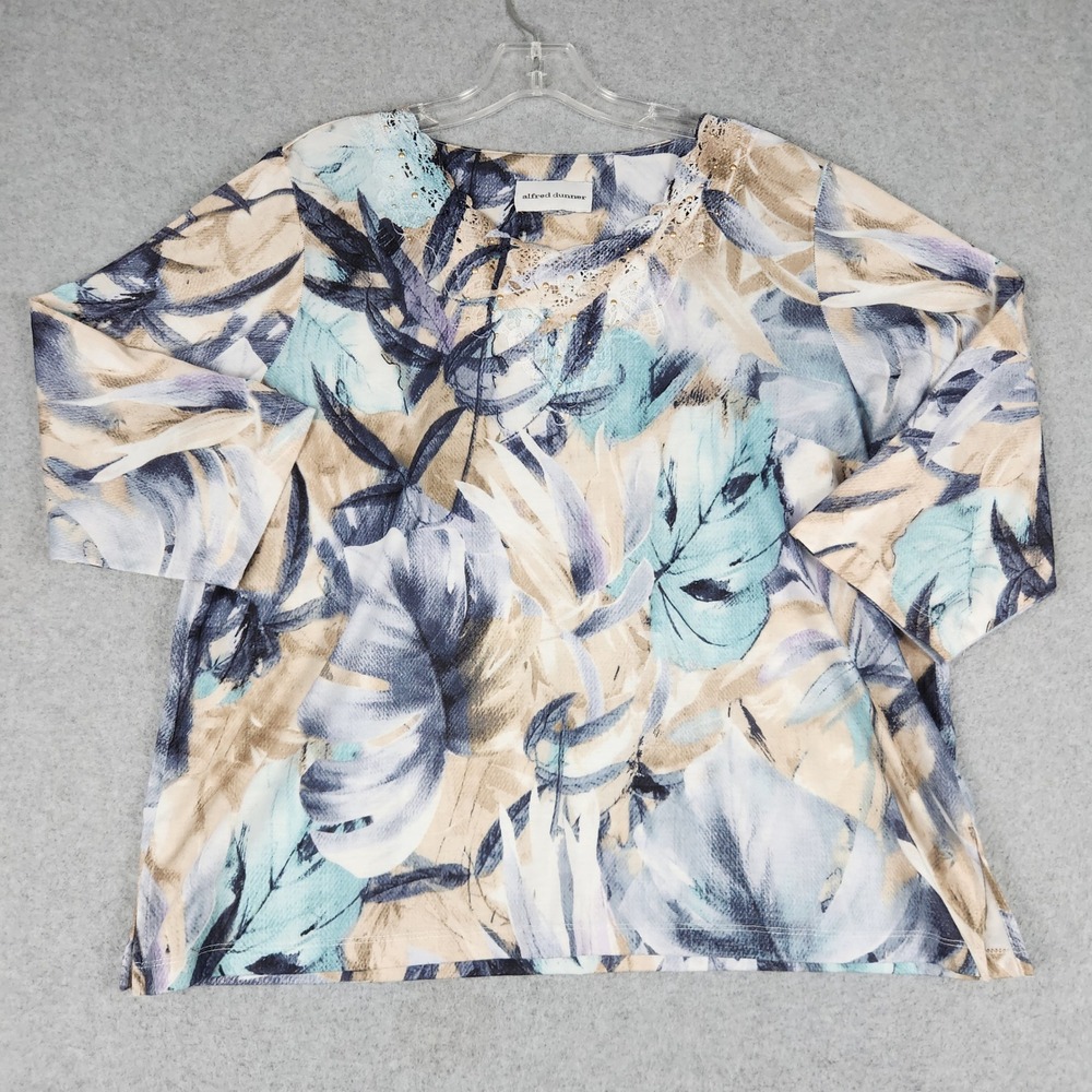 Alfred Dunner Blouse Top Womens Multicolor Tropical Leaf Lace Detail Pullover